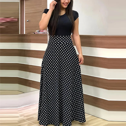 Printed Pleated Crew Neck Maxi Dress