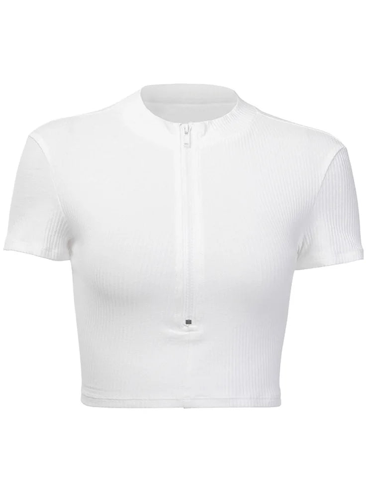New Slim Fit Zipper Crop T-Shirt – Sexy High Neck Summer Style