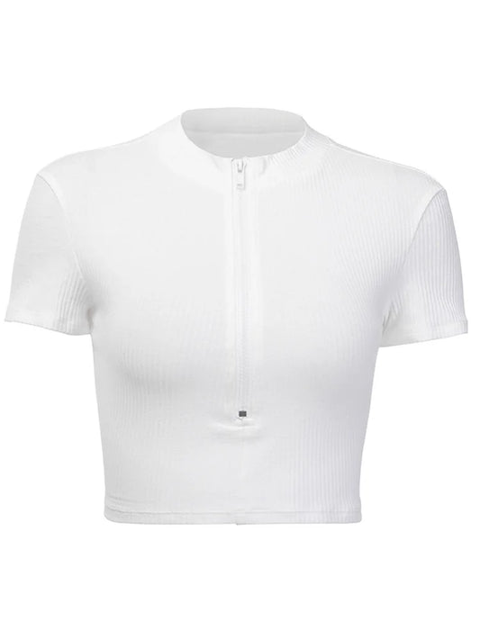 New Slim Fit Zipper Crop T-Shirt – Sexy High Neck Summer Style